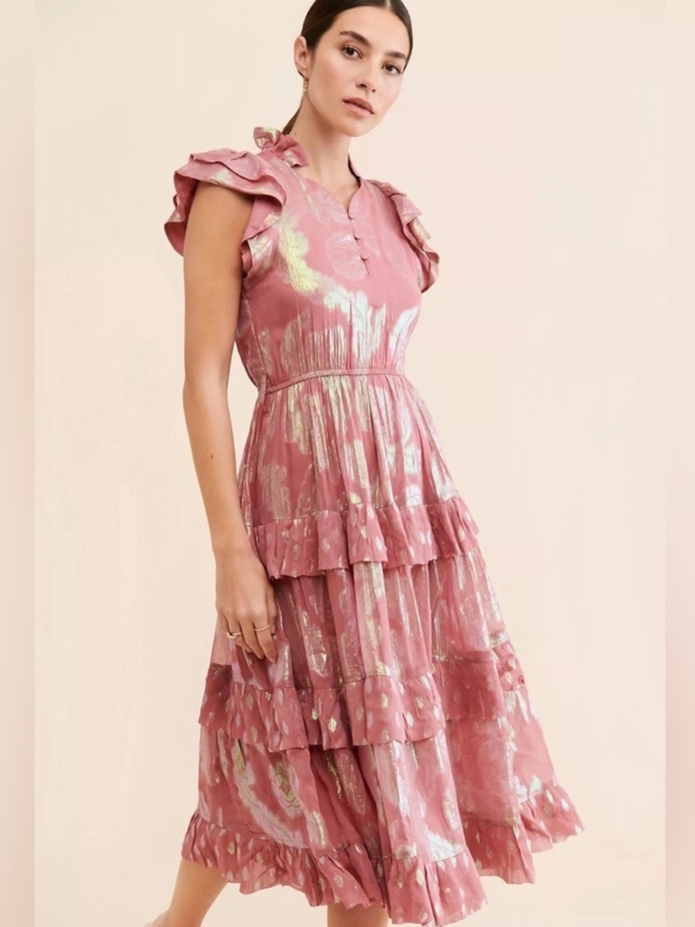 Ollari Orchid Metallic Ruffle Tiered Midi Dress Lilac Pink Shimmer Romantic